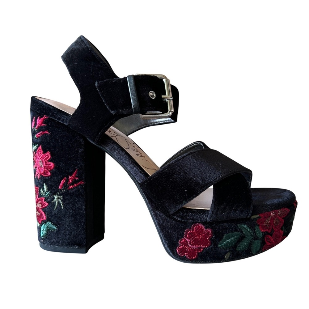 Libby Edelman Marcy Black Velvet Floral Embroidery Platform Block Heel Sandals 7
